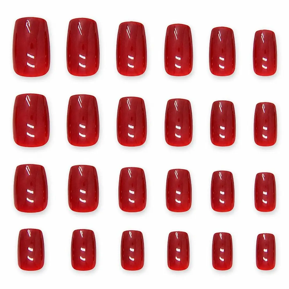 24Pcs Short Square Press on Nail Sets Glossy Cherry Red Fake Nails Reusable Salon Finish Manicure for Daily Wear