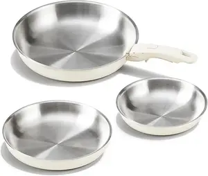 Space-Saving Stainless Steel Pan Set – 8", 10", 12" Frying Pan Skillet with Removable Handles – PFOA-Free, Cream White Ceramic Exterior, Dishwasher & Oven Safe, Compatible with All Stovetops, Cookware