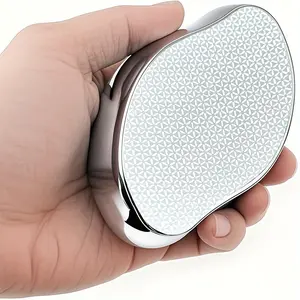 The Crystal Hair Removal Tool – a painless, reusable exfoliator suitable for both men and women, featuring a water-resistant design and available in various colors such as blue, gold, and silver. Specifically designed for use on smooth skin on the back