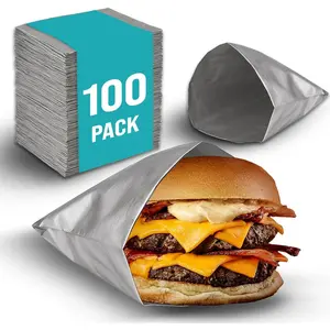 100 Pack  Foil Hamburger Bags - -Resistant Burger Wrappers for Hot Sandwiches, Paninis, BBQ, Pretzels &  - , Disposable Takeout  Sleeves by