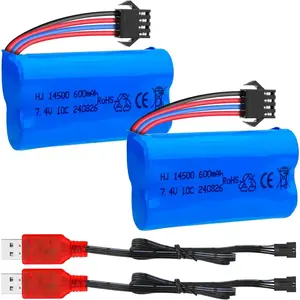 7.4V Li-ion Battery 600mAh 2S with SM-4P Plug & Charger Cable for RC Boat Car Gel Accessories - 2 Pack USB Charging Overcharge Protection 300+ Cycles