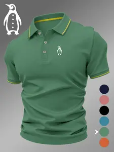 Men's Golf Polo Shirt with Penguin Print, Fitted Collared Top, Stretchy Breathable Fabric, Comfortable All-Season Wear, High-Quality Design