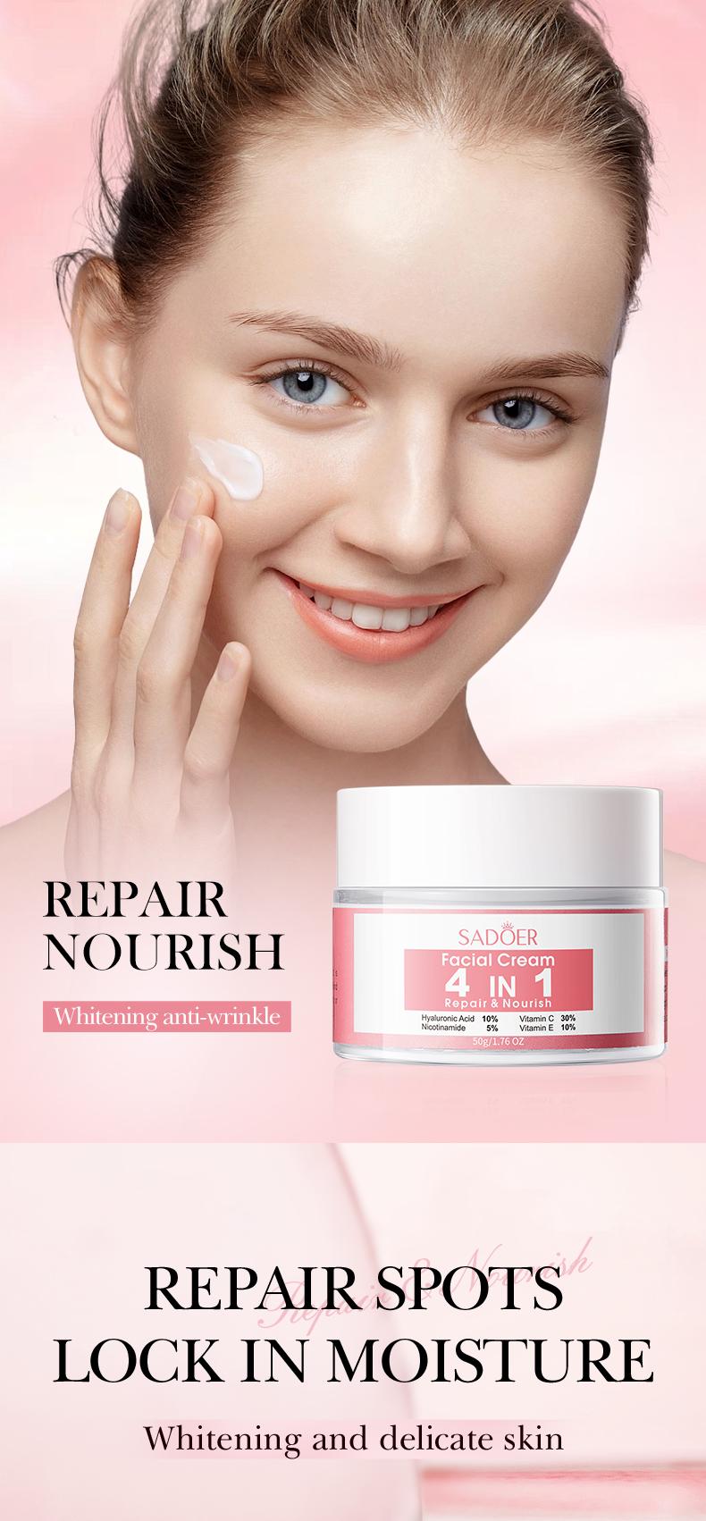 4-in-1 multifunctional face cream with a highlymoisturizing formula and a delicate texture,containing multiple skincare ingredients thatprovide hydration, firming, repair, andnourishment. Suitable for daily skincare use.