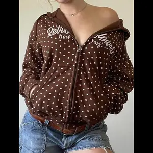 Women's Polka Dot Print Vintage College Style Hoodie Jacket, Casual Loose Fit Fall Winter Outerwear, Slim-Fitting Kint Fabric