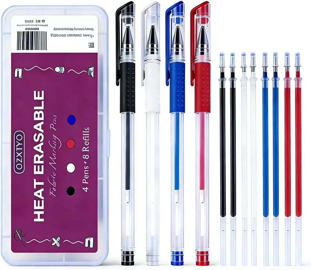 Heat Erasable Fabric Marking Pens 4 Pens + 8 Refills No Ghost Lines Disappearing Ink Precision Markers for Sewing Quilting Embroidery Dressmaking