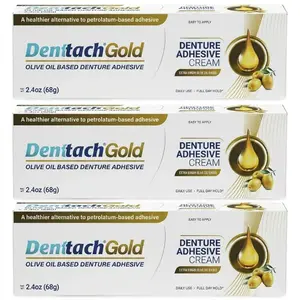 Denttach Gold Denture Adhesive, Petroleum Free Olive Oil Based Premium Denture Adhesive Cream for Full and Partial Dentures, All Day Secure Hold Denture Glue, Zinc Free, 2.4 Ounce (pack of 3)