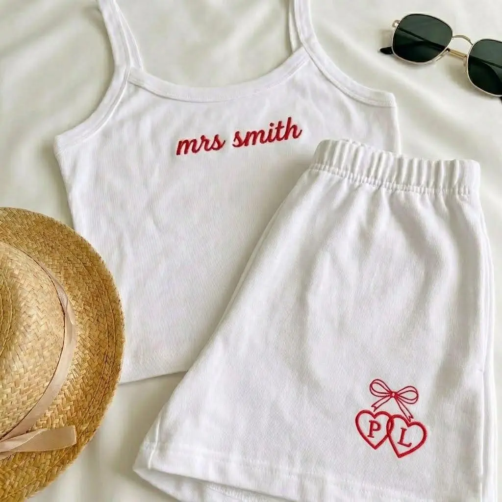 [Made-to-Order] Custom Bridal Embroidered Tank Top and Shorts Set, Personalized Mrs. Tank Top, Mrs Bride Gift, Bachelorette Party Idea, Y2k Tank Top