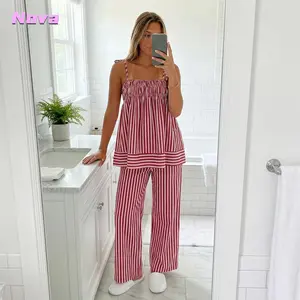 Women's 2-Piece Polyester Striped Pajama Set - Tie-Shoulder Ruffle Top, Straight Pants, Lady's Nightwear & Loungewear for Summer Casual Lounging