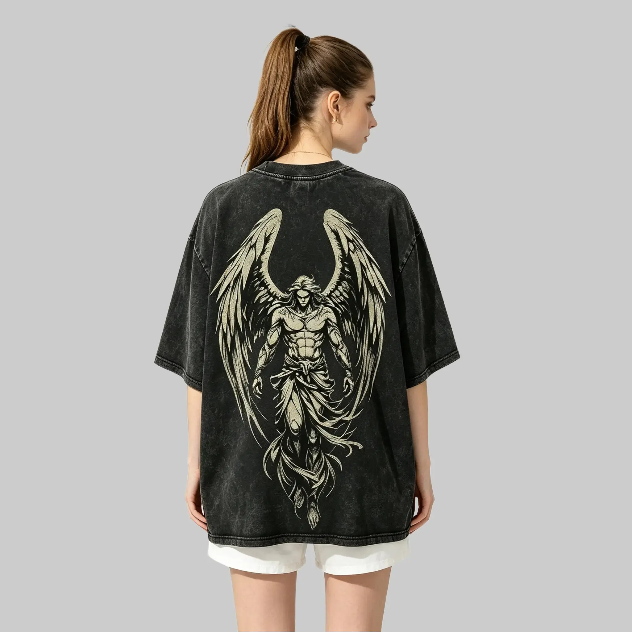 Women's Vintage Washed Oversized T-Shirt - Fallen Angel Sword Graphic, Front & Back Print, Y2K Grunge Gothic Streetwear, Loose Short-Sleeve Top Womenswear Crewneck