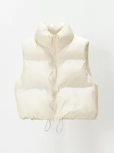 Women's Casual Loose-Fitting Short Cotton Vest Jacket, Stand Collar Sleeveless Design, Fall & Modest Fashion Outerwear