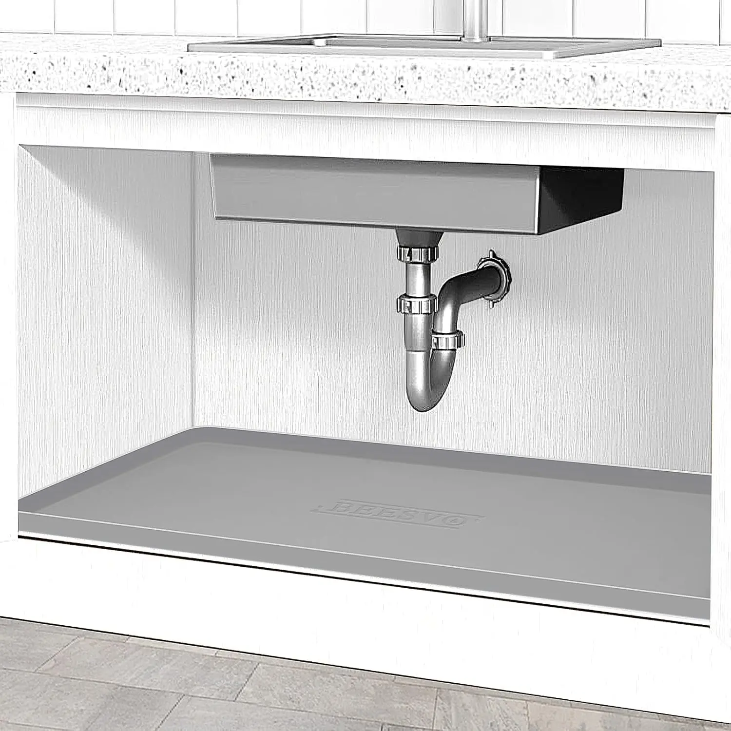 Under Sink Mat for Kitchen , 22" x 19"  Under Sink Liner Kitchen & Bathroom Cabinet Protector Mats, Heavy Duty Flexible Under Sink Drip Tray with Lip, Cool Grey