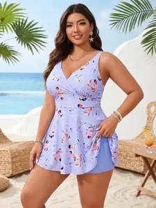 Plus Size Floral Print Swim Dress Women V Neck Wrap Tank Adjustable Spaghetti Strap Tummy Control Two Piece Skirted Bathing Suit with Boyshort