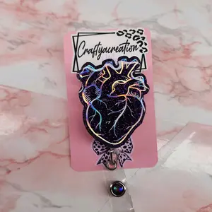 Holographic Heart Badge Reel with Glitter background for Office Identification Badges. All badges with beads will come with matching beads.