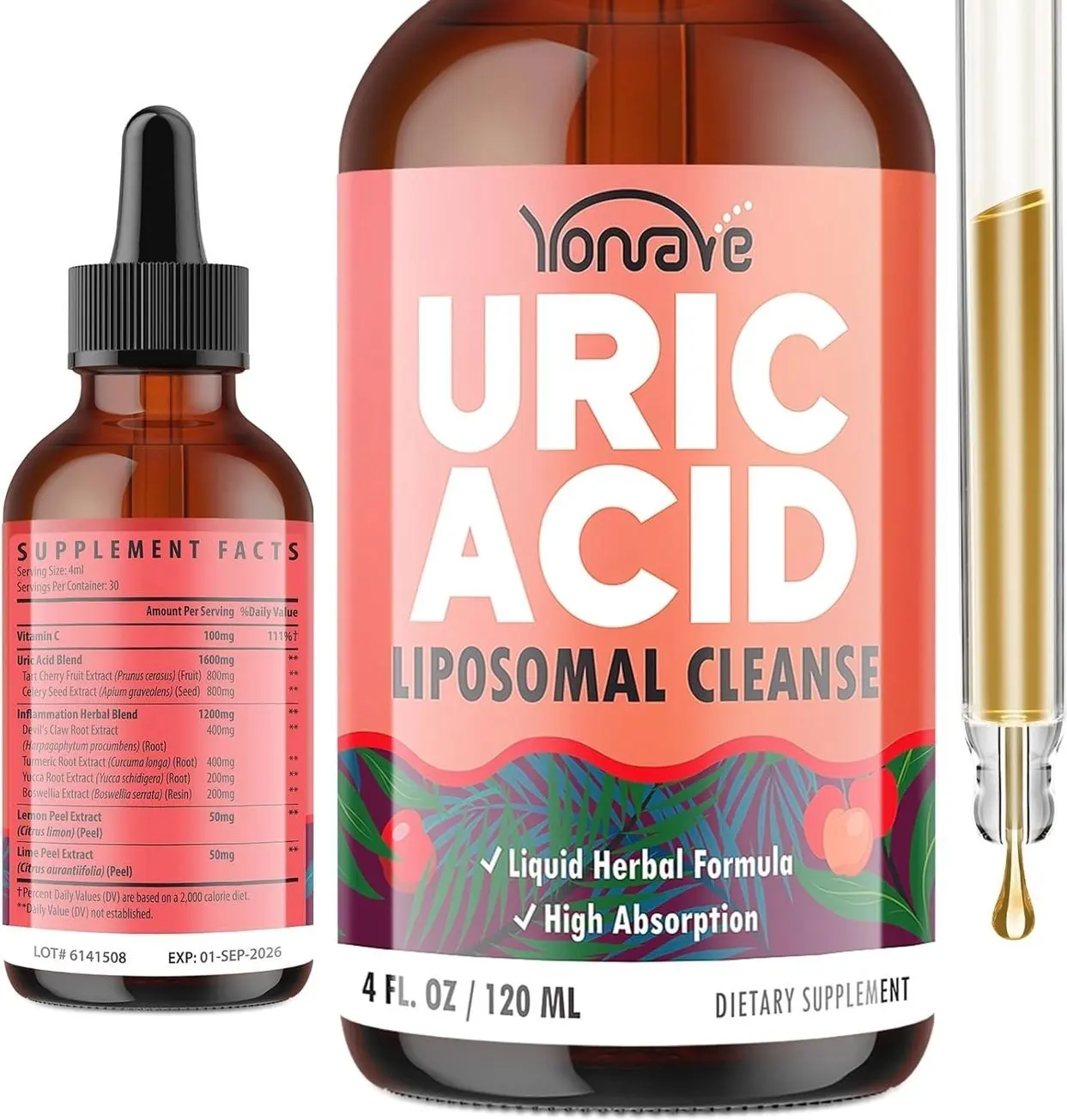 Liposomal Uric Acid Drops, Tart Cherry Supplement with Celery Seed & Boswellia Extract – Muscle, Detox, Joint and Kidney, Uric Acid Cleanse Liquid Supplement– 4 FL OZ (1 Bottle)
