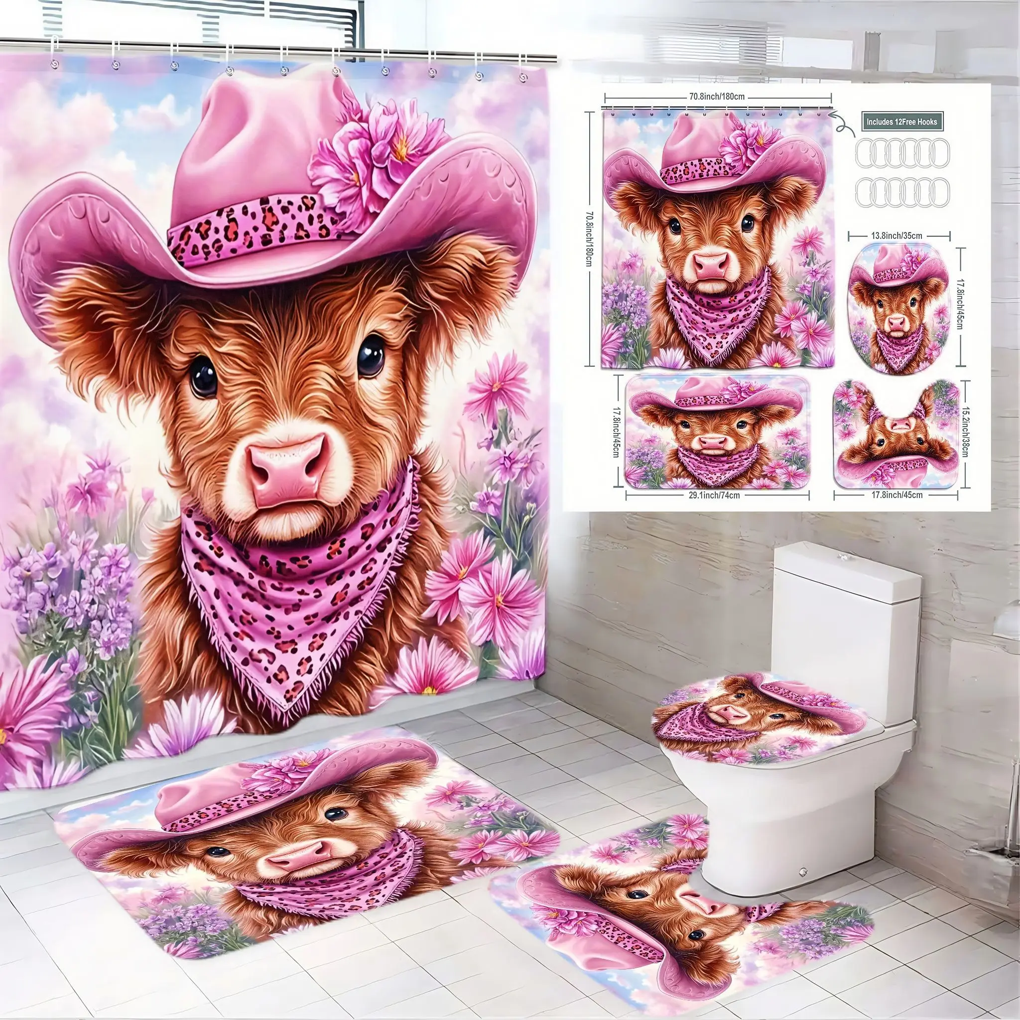 4pcs Whimsical Cow Bathroom Set, Cowboy Hat & Floral Accents, Charming Shower Curtain & Bath Mats,The floor mat fabric is thicker and softer!  Cozy Farmhouse Decor, Bathroom Decoration Accessories, Bathroom Accessory, Shower Curtain Sets