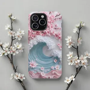 Cherry Blossom Wave Aesthetic Phone Case, Japanese Floral Art Design, Slim Protective Cover for IPhone 11-16 Series, Gift for Women Girls