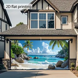 Tropical Beach Scene Garage Door Banner, Large Outdoor Fabric Decor, Palm Trees & Waves, Wedding Party Photography Background, Easy Installation