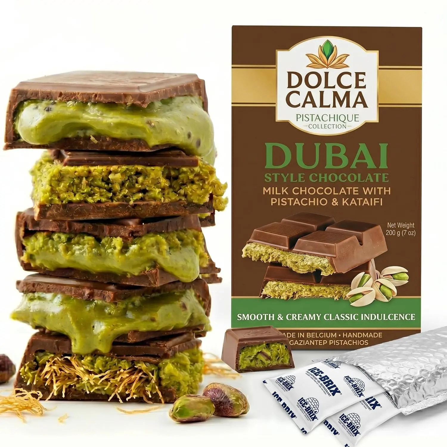 Dolce Calma Milk Dubai Chocolate Bar (200g / 7oz) – Belgian Milk Chocolate with Pistachio & Crispy Kataifi, Ships with Ice Packs for No Melting, No Palm Oil, Gifting