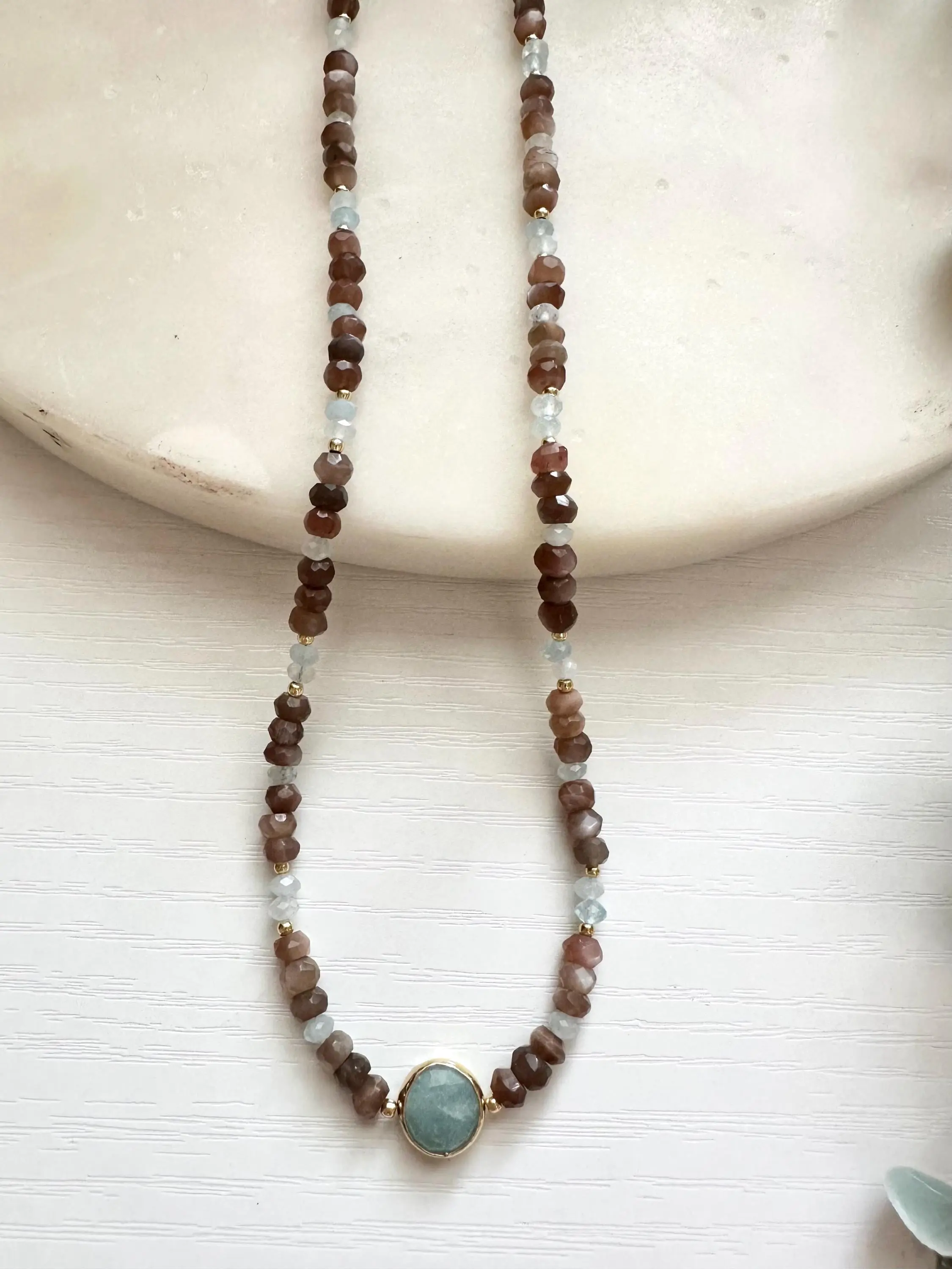 Chocolate Moonstone & Aquamarine Necklace, Aquamarine Pendant Necklace, Brown Moonstone Necklace