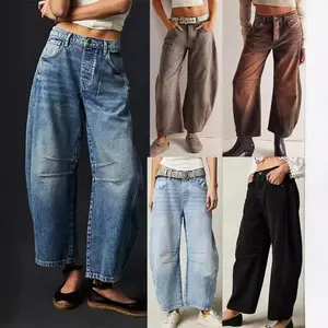 Women Mid Rise Barrel Jeans Trendy HighWaisted Wide Leg Cropped 9Os outfits Denim Pants  Baggy Boyfriend Jeans with Pockets Womenswear Bottom