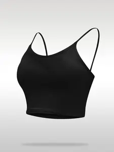 Black Seamless Cropped Sleeveless Cami Top - Adjustable Spaghetti Strap Crop Tank