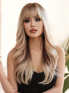 26 inch golden long wavy wigs for women,  gorgeous fluffy wigs with bangs, synthetic full machine wigs for spring party, daily use