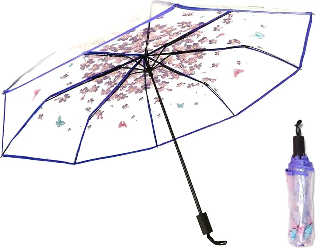 Cherry Blossom Butterfly Umbrella Transparent Clear Umbrellas 8 Ribs Folding Umbrellas for Adult Kids Men and Women of All Ages (Purple)