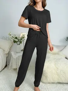Women's Black Soft Pajamas Set Short Sleeve Top Jogger Pants Casual Home Loungewear