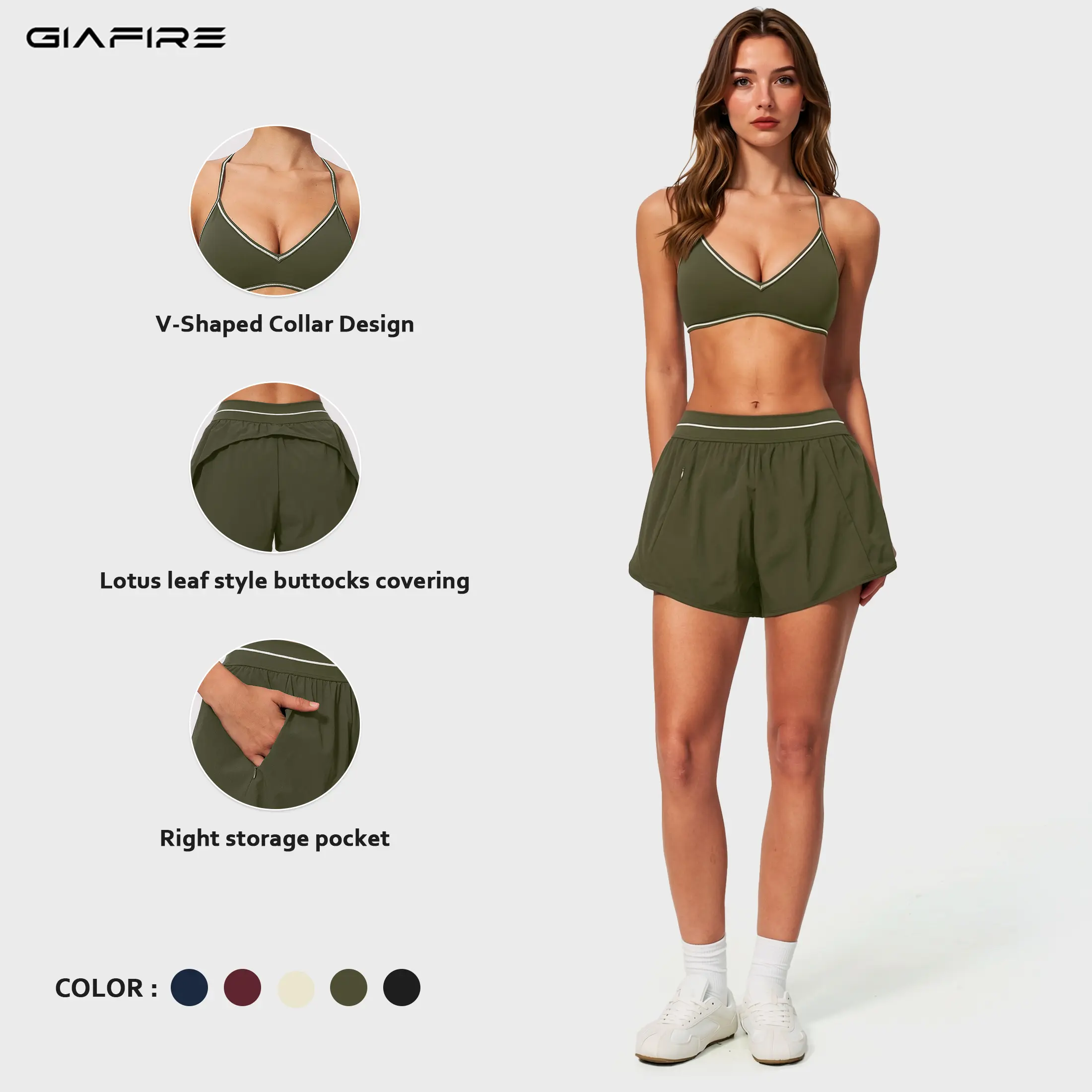 GIAFIRE Women Minimalist Yoga 2-Piece Set, V-Neck Shockproof Padded Sports Bra & Ruffled Hip-Cover Skort with Pockets, High Stretch, Skin-Friendly, Breathable Sweat-Wicking, Suitable for Pilates, Gym, Running, Outdoor, Beach & Daily Casual Wear