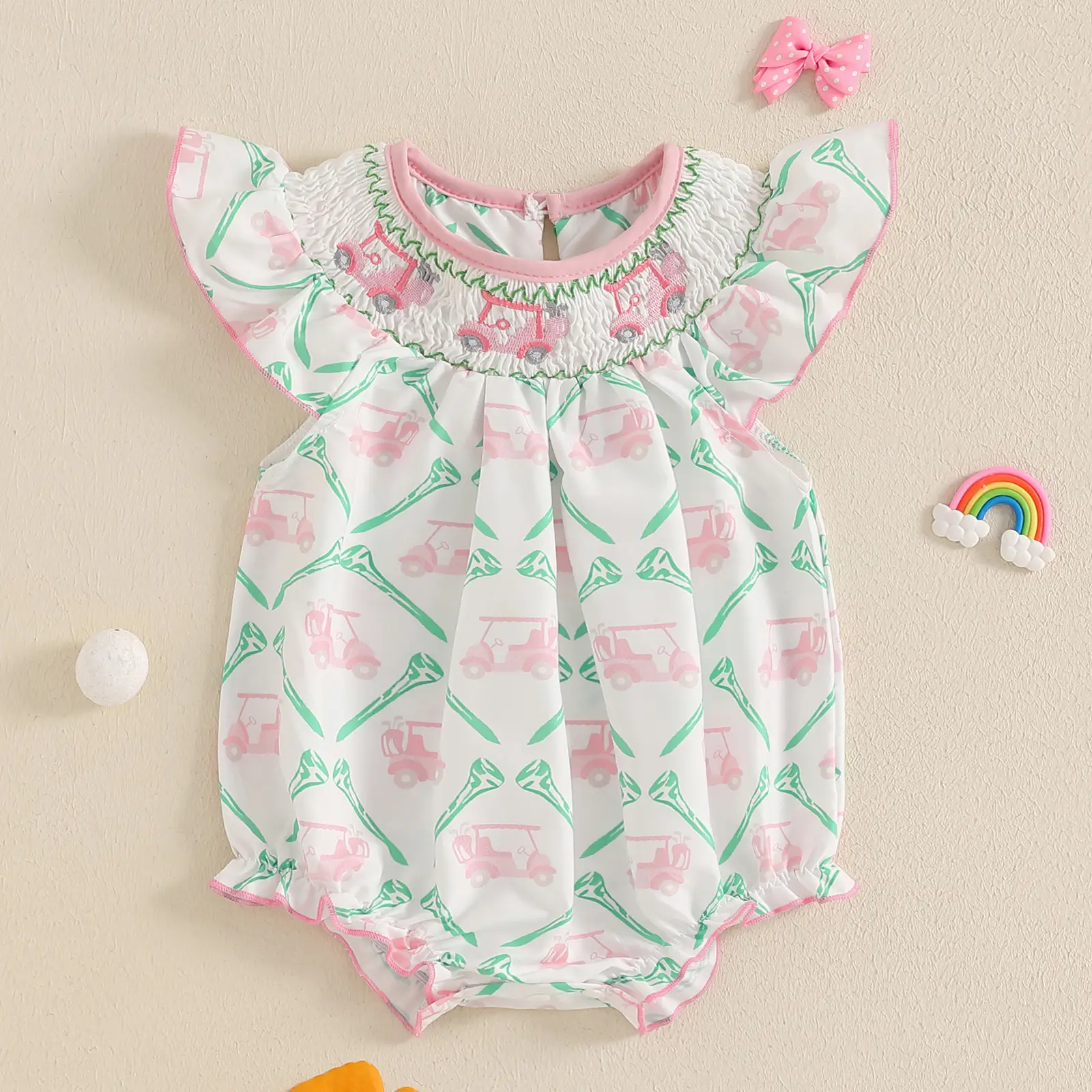 Newborn Baby Girl Golf Outfit Golf Cart Embroidery Bubble Romper Infant Baby Summer Clothes
