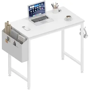 Small White Desk for Small Spaces, 32 Inch Kids Girls Study Writing Desks for Bedroom, Simple Modern Laptop PC Little Side Table with Storage Bag Headphone Hook