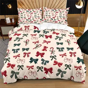 2/3 Pcs Christmas Theme Duvet Cover Set, Cartoon Bow Print Bedding Set, No Fillers/Zipper Closure, Ideal for Creating Children's Holiday Bedroom Decor, Soft and Comfortable All-Season Kit