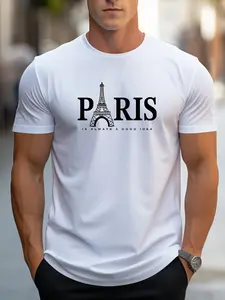 Men's Eiffel Tower Pattern T-Shirt, Casual Round Neck, Short Sleeve, Elastic Fabric, Summer Essential