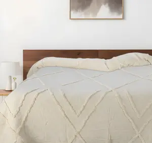 212 MAIN Ivory Geometric King-Size Cotton Coverlet with Fringe, Cotton Material