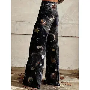 Women’s Bohemian starry moon print wide-leg pants — black geometric pattern, non-elastic casual pants, machine washable, spring and autumn, button details, opaque fabric