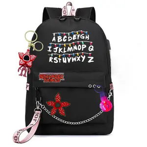 2026 New Stranger Things Printed School Bag Iron Chain Backpack USB School Bag Men and Women