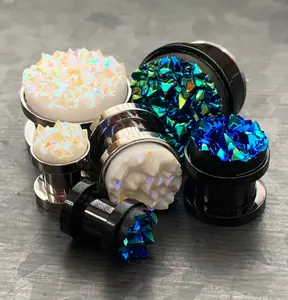 PAIR of Unique Synthetic Druzy Stone Steel Screw Fit Tunnels/Plugs - White or Blue - Gauges 2g (6mm) thru 5/8" (16mm)