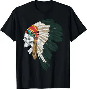100%cotton American Skull Native Indian Eagle Chief Tribal Headdress T-Shirt