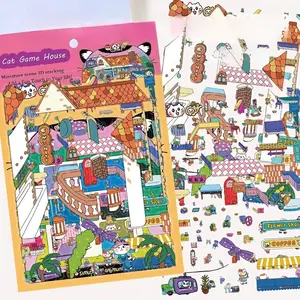 Three Transparent PET Stickers Featuring A Kitten-themed Landscape Design, Suitable for Waterproof Decoration on Suitcases, Phone Cases, Laptops, Helmets, and Skateboards. Perfect for DIY Creative Stickers.