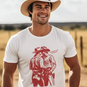 Menswear Short-Sleeve Crew Neck T-Shirt - Gay Cowboy Graphic, Funny LGBTQ Pride Casual Top, Saddle Up MLM Streetwear, Queer Western Outfit, Howdy 2025 Gift Idea, Buttons-Accented Marble Design