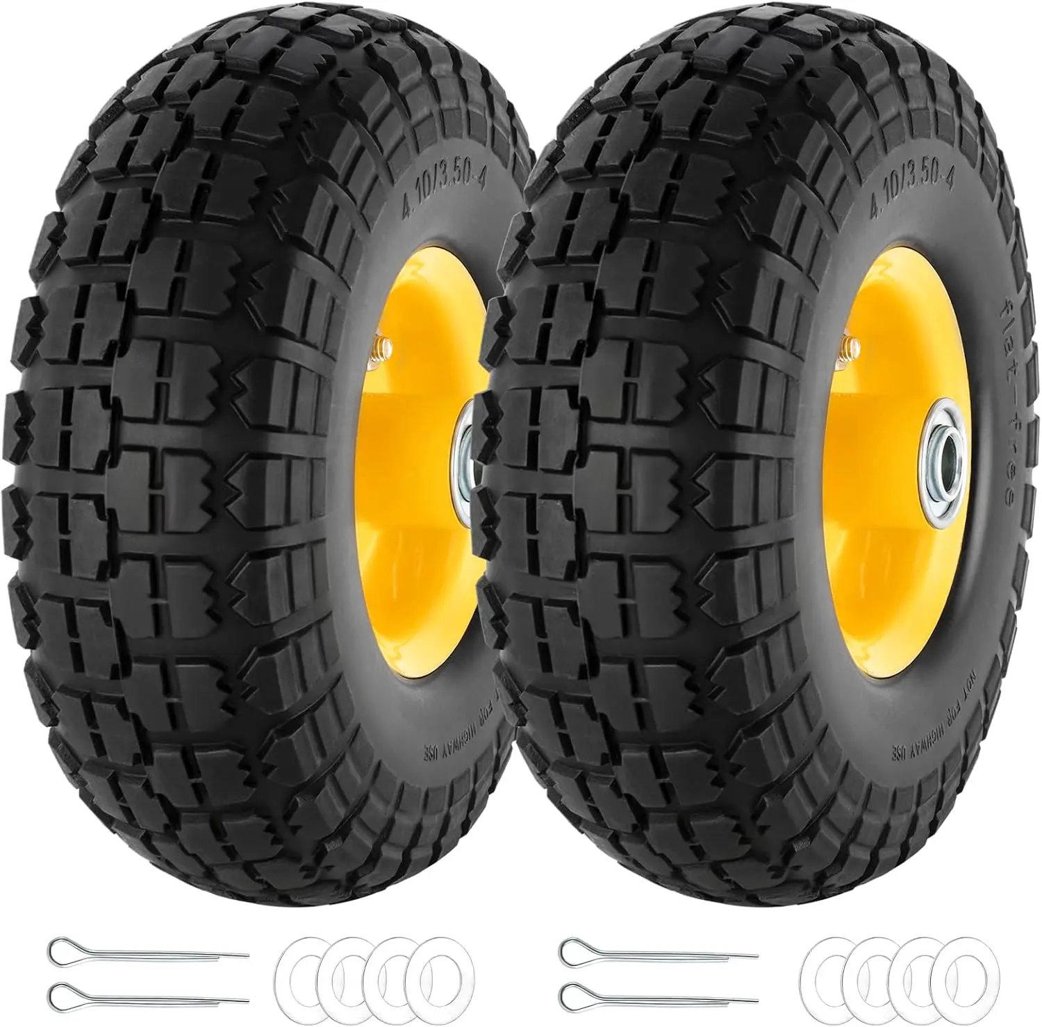 2 count 4.10/3.50-4" 10 Inch Flat Free Solid Rubber Tire and Wheel with 5/8" Axle Bore Hole, 2.2" Offset Hub replacement for Hand , Wheelbarrow, gorilla cart, Garden wagon Cart, , Utility Cart