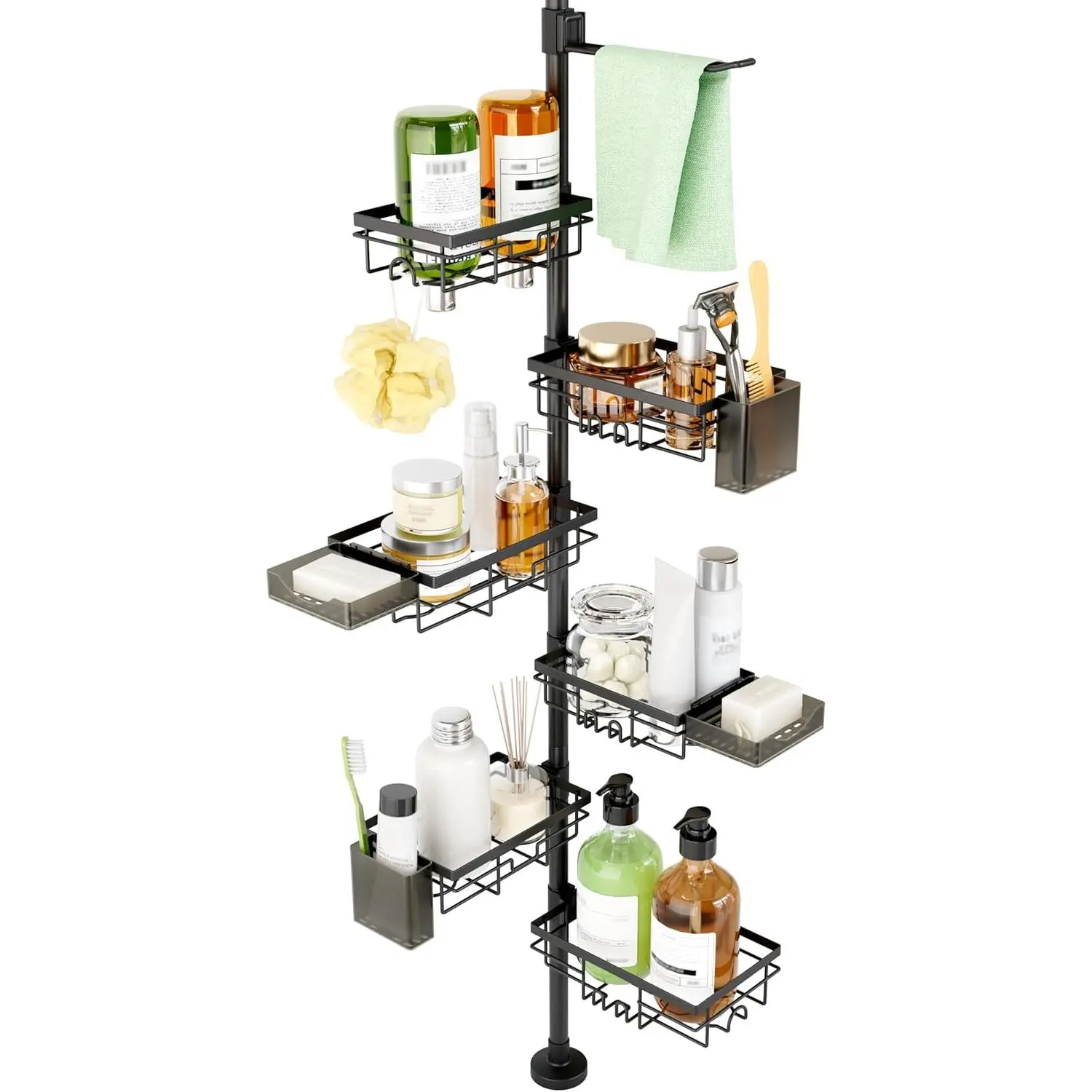 Durable Metal 6-Tier Corner Bathroom Tension Rod Organizer, Hanging Shelves with Soap Holder, Hooks, Rubber Toothbrush Holder - 30-121 inches Adjustable Wipe-Clean No-Installation Shower Rack for Renters (Black, Silver, White) [Bathroom Upgrade]