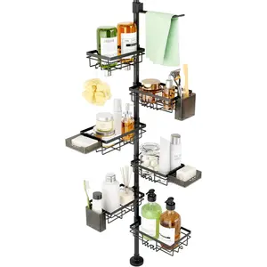 Shower Tension Rod Organizer, 6 Tier Rustproof Corner Shower Caddy Tension Pole With Soap Holder & Hooks, Adjustable 30-121 Inch Bathroom Shelf For Renters - Family Stand Storage Rack, Black,Silver,White