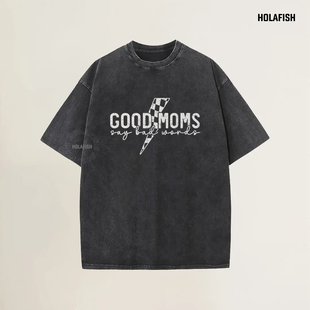 Holafish Women's Good Moms Lightning Bolt Print Tee Acid Washed Oversized Half Sleeve Soft Cotton Relaxed Fit Trendy Graphic Mother's Day Gift for Mom Snuggle Soft Casual Top summervibes