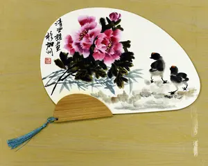 Hand-Painted Chinese Ink Fan Peony & Calligraphy Good Fortune Double-Sided Bamboo Fan with Elegant Tassel