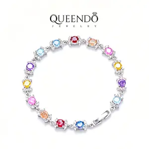 QUEENDO Silver Plated Oval Rainbow 5A Zircon Tennis Bracelet | Colorful Statement Chain for Daily Wear & Gifting