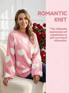 Women's Loose Fit Knitted Sweater Pullover, Heart Pattern, Multiple Colors Available, Elegant Style for Fall & Winter, Perfect Mother's Gift