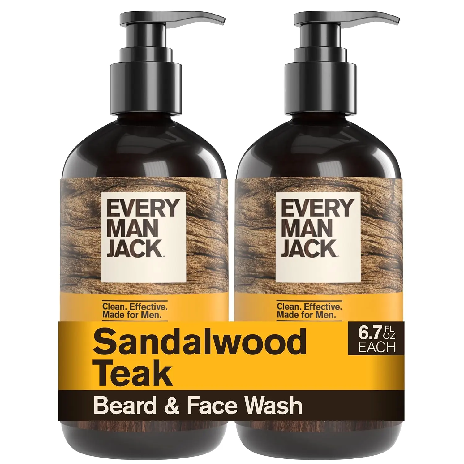 ( 2 PACK) Every Man Jack Beard + Face Wash for Men, Sandalwood Teak, 6.7 fl.oz (2 Pk) | Gently Cleanse Skin & Beard, Relieves Flakes & Itch, Naturally Derived Glycerin and Aloe Nourishes, Beard Shampoo