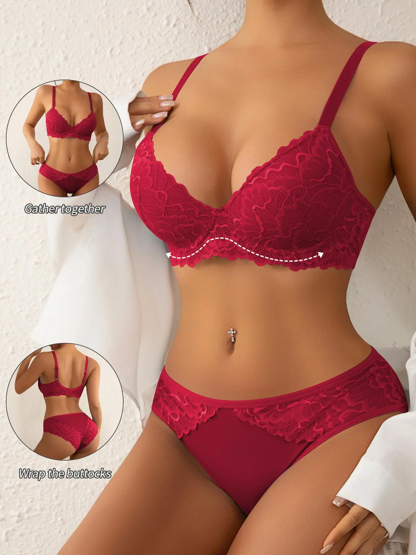 Women's bra underwear set Solid color floral lace stitching Breathable skin-friendly waist elastic design Soft and comfortable experience Can be worn for everyday casual sports