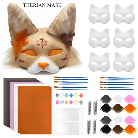Cat Fox Therian Masks 37PCS with Felt Furs Eye Meshes Costume Furry Masks to Paint, Animal Mask Arts Crafts Kit, Dress Up DIY for Halloween Christmas Cosplay Party Interaction Set Cloth